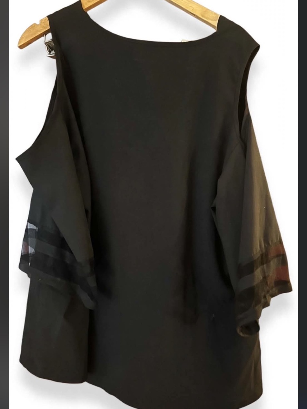 Black Cold Shoulder Ruffle Top - Mesh Stripe Sleeves - Size 4XL